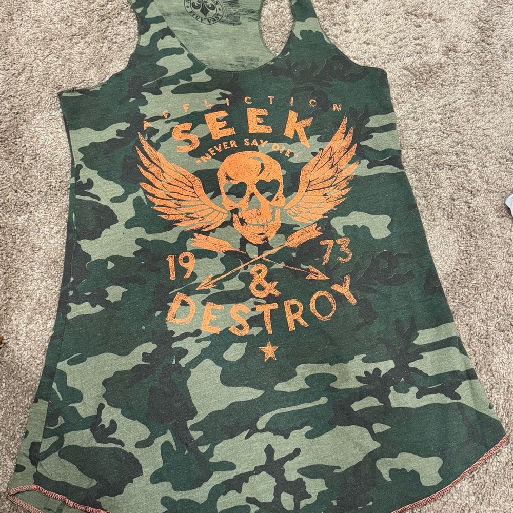 Affliction Green Camo Tank with Orange Graphic - Picture 2 of 4
